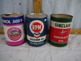 (3) empty aircraft oil cans: Sinclair, Skydrol, & RPM