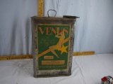 Metal oil can with paper applied 