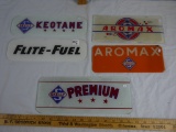 (5) gas pump glass inserts - Skelly Keotane, (2) Aromax, Premium, & Flite-Fuel