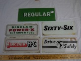 (5) gas pump glass inserts - (2) Sinclair, Regular, Sixty-Six, & Drive Safely, chips on some edges