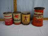 (4) oil items: 3 empty quart cans & 2 quart oil pitcher