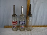 (3) glass one quart Standard Oil bottles with metal funnel lids, 2 caps