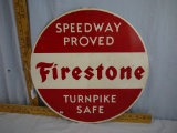 Metal Firestone fold-back tab sign, 15-3/4