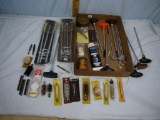 Flat of pistol, shotgun cleaning supplies: rods, patches, mops, tips, swabs, brushes