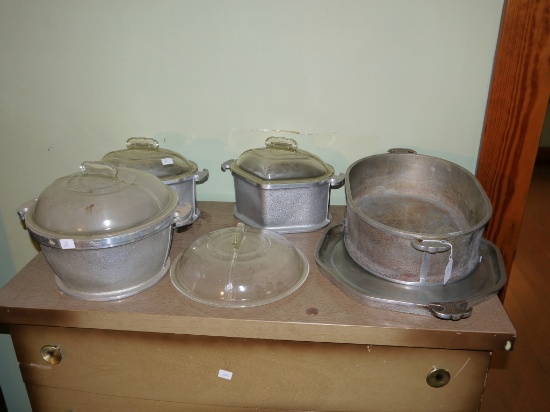 Guardian Service with 3 glass covered bowls, extra lid, oblong pan and serving tray