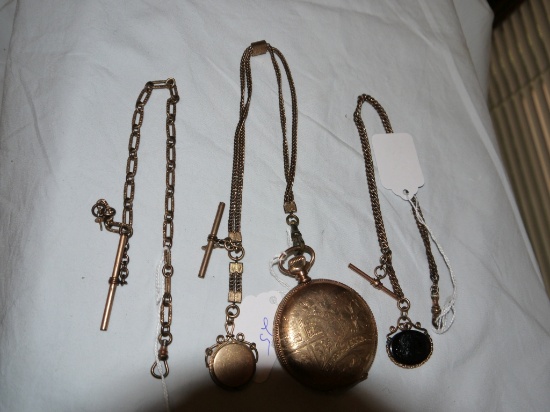 Elgin 7 jewel hunting case pocket watch with fob and 2 other fobs