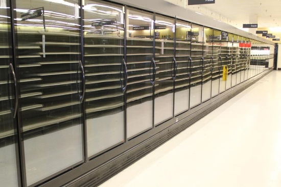2014 HILL PHOENIX ONRZ GLASS DOOR FREEZER CASE (5,6,6,6,6,5) - SOLD BY THE DOOR -REMOTE COOLED NO  C
