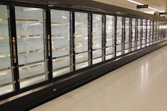 1994 HUSSMANN NRC4L GLASS DOOR FREEZER CASE (4,4,5,5,4,5,5) - SOLD BY THE DOOR -REMOTE COOLED NO  CO
