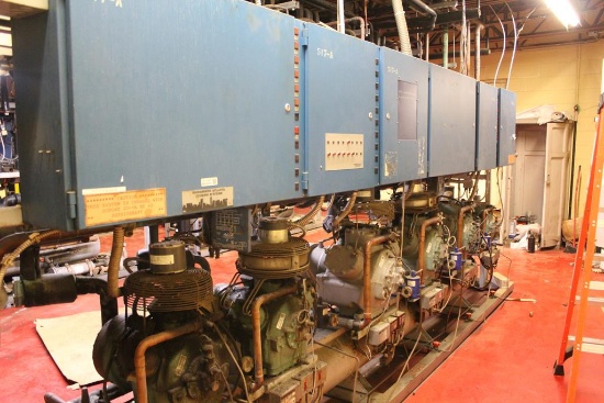 HUSSMANN COMPRESSOR RACK CS24SLK W/ 6 PUMPS 208V 3 PHASE R-404A NO DANFOSS CONTROL 1994