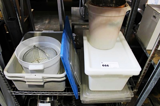 1 LOT - CONTENTS OF SHELF - MISC. DISH LUGS, STORAGE CONTAINER, PAN LIDS, AND POLY CUTTING BOARD
