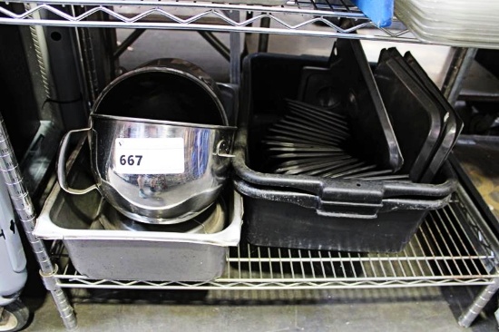 1 LOT - CONTENTS OF SHELF - MISC DISH LUGS, STAINLESS STEEL INSERT PAN LIDS, AND STAINLESS STEEL MIX