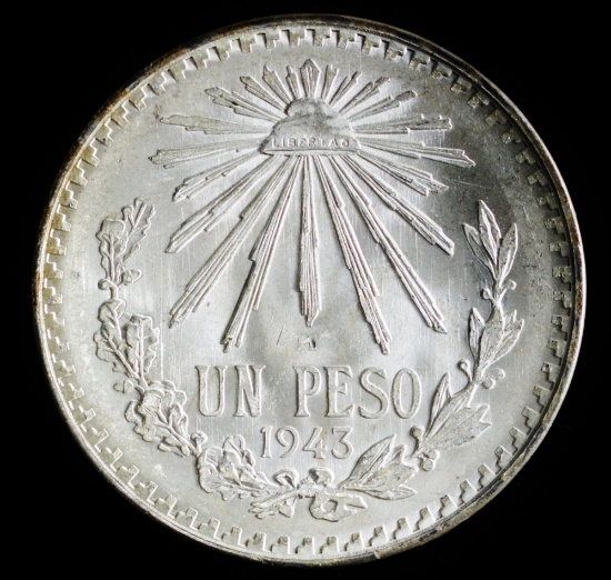 1943 MEXICO SILVER ONE PESO COIN GEM BU UNC MS++++