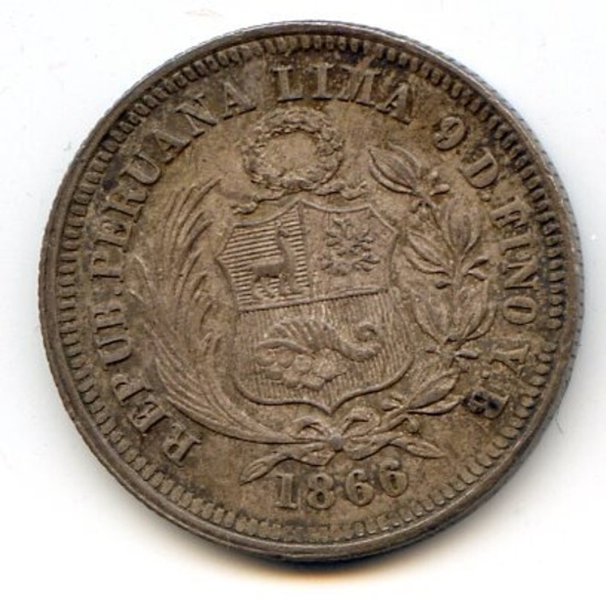 Peru 1866-YB silver 1/5 sol choice XF