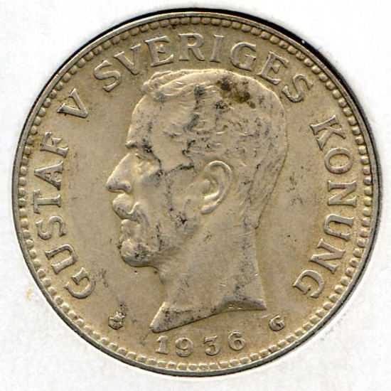 Sweden 1936-G silver 2 kronor AU