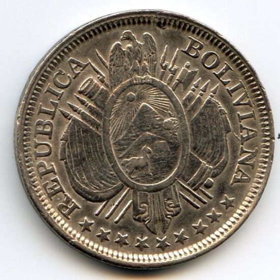 Bolivia 1891 CB silver 50 centavos XF