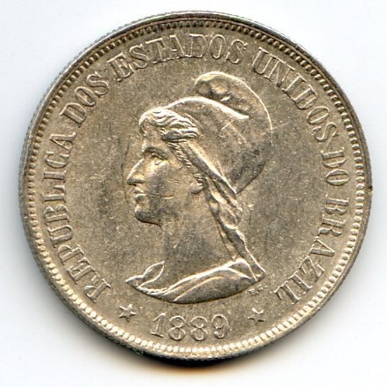 Brazil 1889 silver 500 reis XF