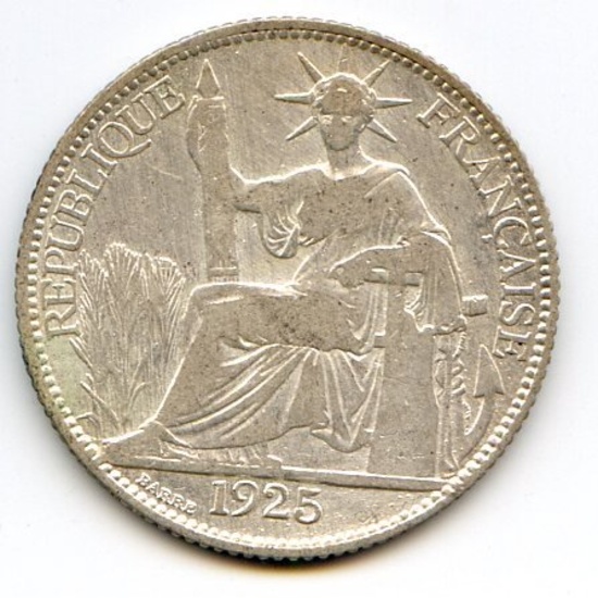 French Indochina 1925-A silver 20 cents about VF cleaned