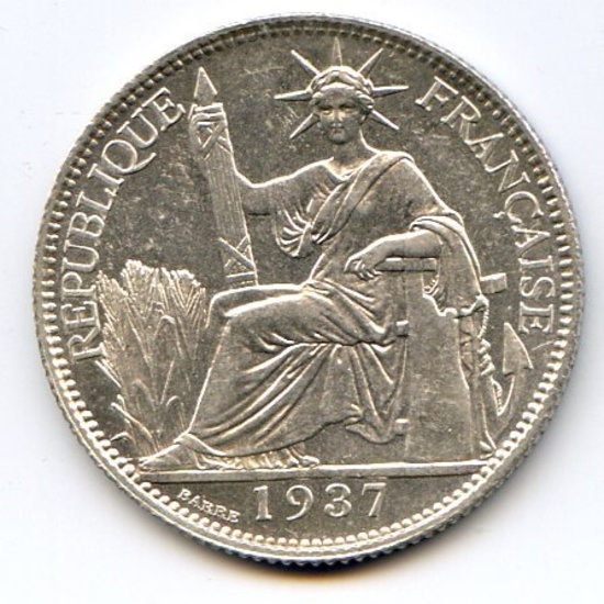 French Indochina 1937 silver 20 cents prooflike BU