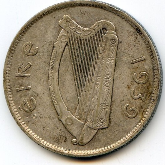 Ireland 1939 silver 1/2 crown good VF