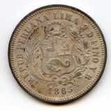 Peru 1863-YB silver 1/5 sol good VF