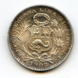 Peru 1902-JF silver 1 dinero toned BU