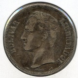 Venezuela 1905 silver 5 bolivares VF