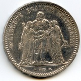 France 1873-A silver 5 francs cleaned XF