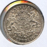 Latvia 1924 silver 1 lats lustrous AU/UNC