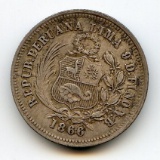 Peru 1866-YB silver 1/5 sol good VF