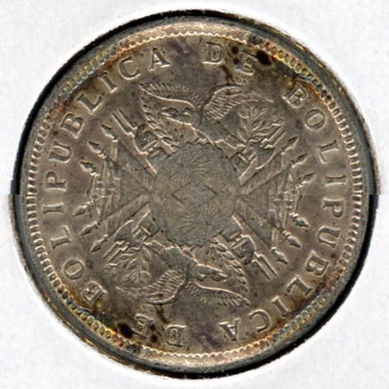 Bolivia 1909-H silver 20 centavos lustrous AU/UNC