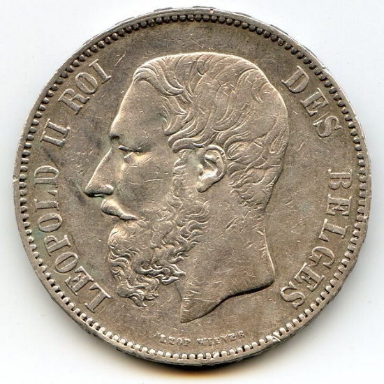 Belgium 1873 silver 5 francs XF