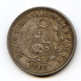Peru 1863-YB silver 1/5 sol good VF