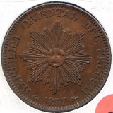 Uruguay 1857-D 20 centesimos choice XF/AU