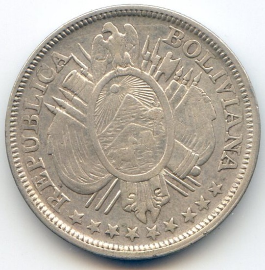 Bolivia 1892 CB silver 50 centavos VF