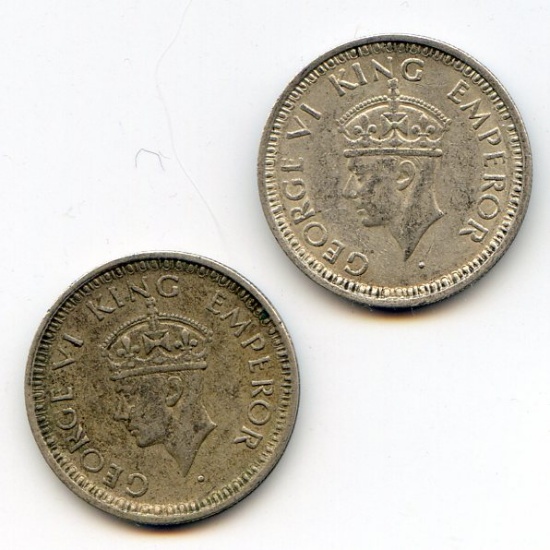 India/British 1944 and 1945 silver 1/4 rupees XF