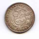 Peru 1899 silver 1/2 dinero toned AU