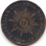 Uruguay 1854 20 centesimos crude F