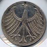 Germany 1958-G silver 5 marks about XF