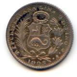 Peru 1903 silver 1 dinero toned AU
