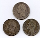 Venezuela 1911-29 silver 1 bolivar, 3 pieces F or better