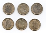 Venezuela 1936-54 silver 1/4 bolivar, 6 pieces most UNC
