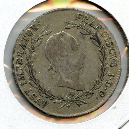 Austria 1830-B silver 20 kreuzer VG/F