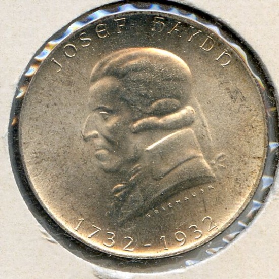 Austria 1932 silver 2 schillings Haydn KEY choice BU