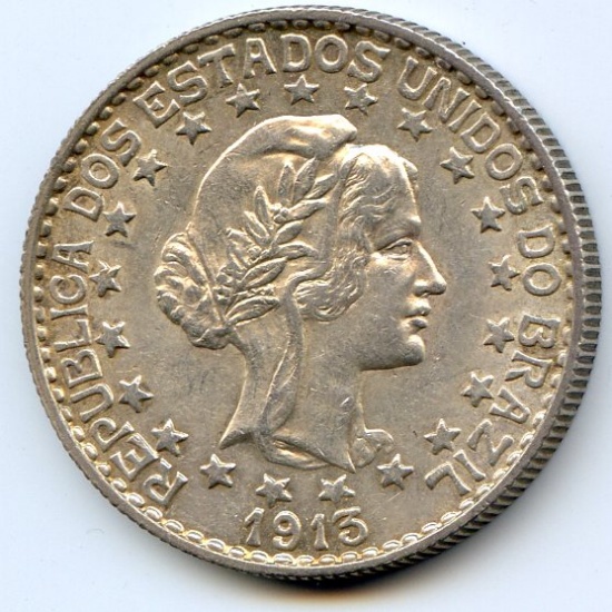 Brazil 1913-A silver 2000 reis choice AU