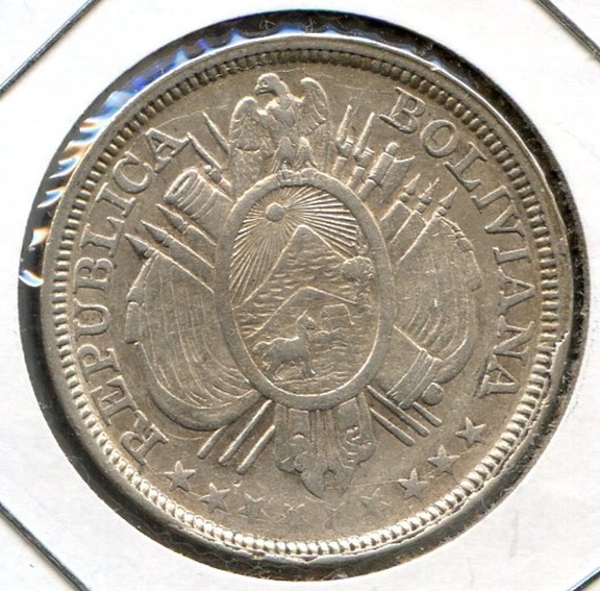 Bolivia 1893-CB silver 50 centavos XF