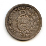 Peru 1866 YB silver 1/5 sol good VF