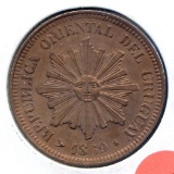Uruguay 1869-H 2 centesimos lightly cleaned AU