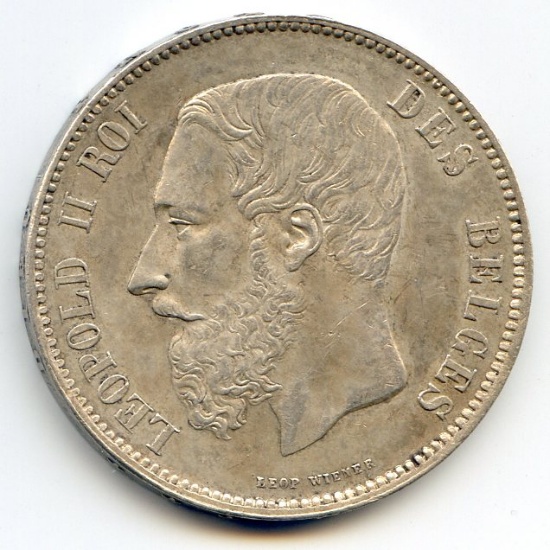 Belgium 1873 silver 5 francs toned AU