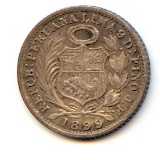 Peru 1899 JF silver 1/2 dinero toned AU