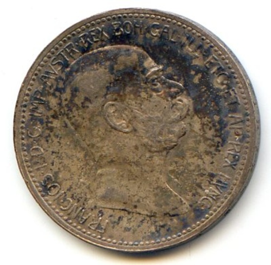 Austria 1908 silver 1 corona 60th Anniversary toned XF